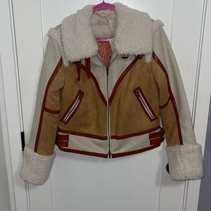 MOTHER Bomber Jacket in Tan and Red with Shearling